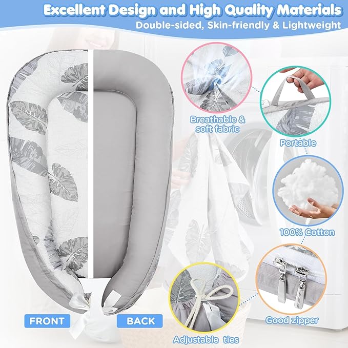 JIFTOK Baby Nests Lounger for Newborn, Snuggle Bassinet for 0-24M, Breathable Portable Co Bed, Baby Essentials Adjustable Infant Soft Cotton Loungers for Home & Travel -Leaves