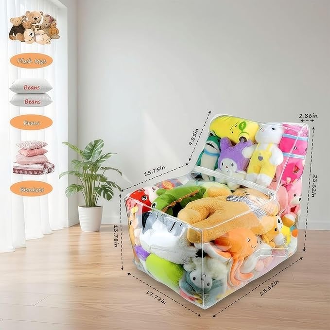 Clear Stuffed Animal Storage Bean Bag Chair Cover - Extra Large 150L, Waterproof & Easy-Clean Toy Organizer with Plastic Window,forNursery, Bedroom, Playroom (Cover Only, No Filler) (B1pcs)