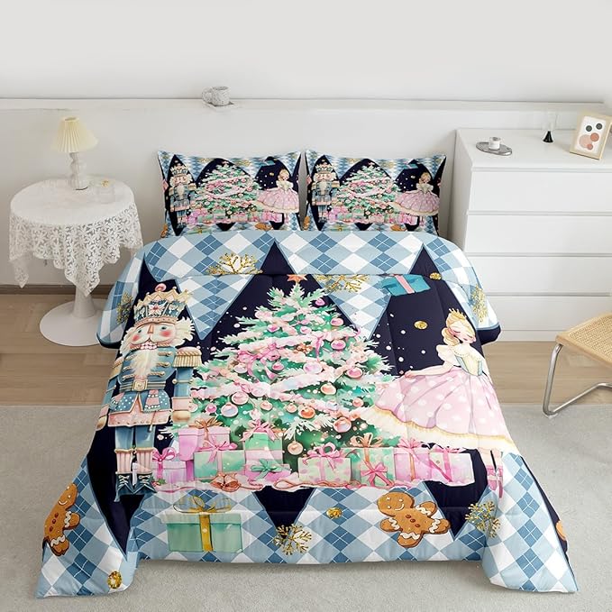 jejeloiu Christmas Nutcracker Comforter Set King Size Gingerbread Man Bedding Set for Kids Boys Girls Xmas Tree Duvet Quilt Dark Blue Bedroom Decor