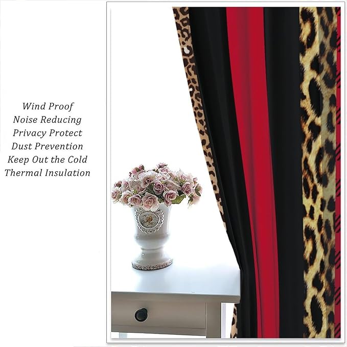 Leopard Skin Blackout Window Curtains, Brown Cheetah Red Black Plaid Stripe Print Window Drapes for Kids Boy Girls Bedroom Living Room 42" W X 45" L