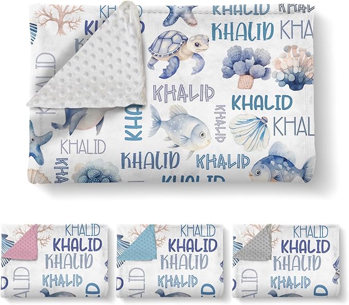 Personalized Baby Blanket with Name, Customized Blanket for Newborn Boys Girls, Ocean Animals Flannel Baby Name Blanket with Dotted Backing, Receiving Swaddle, Gifts for New Parents(47" x60)