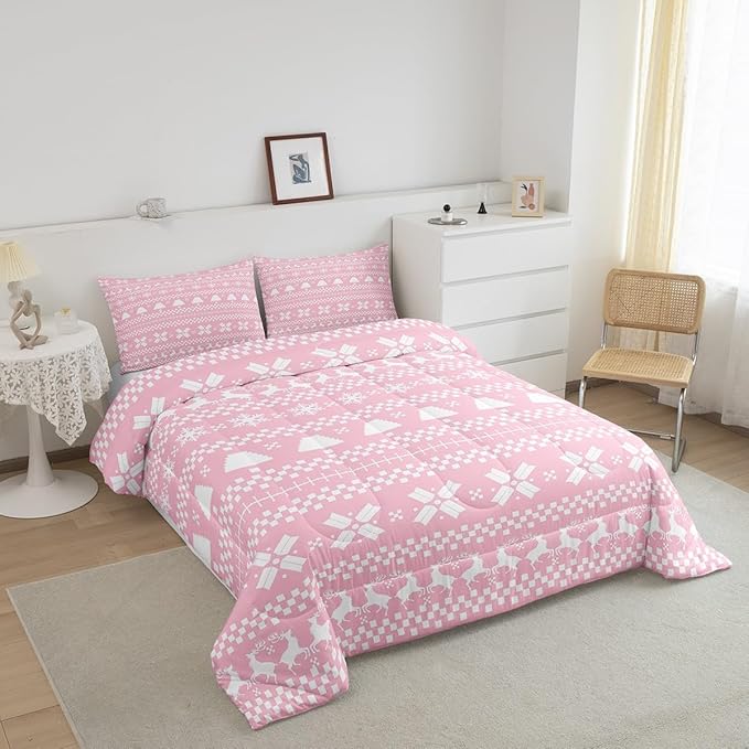Feelyou Pink Christmas Bedding Set for Kids Boys Girls King Size Xmas Deer Elk Decor Comforter Set Ultra Soft Winter Comforter Snowflake Duvet Quilt Bedroom Decor Christmas Ornaments Quilt