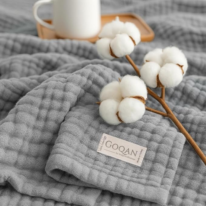 Goqan Muslin Blanket Queen 79x90 – 100% Cotton 4 Layer Boho Muslin Blanket for Adults, Lightweight, Soft, Breathable for Bed - Light Grey