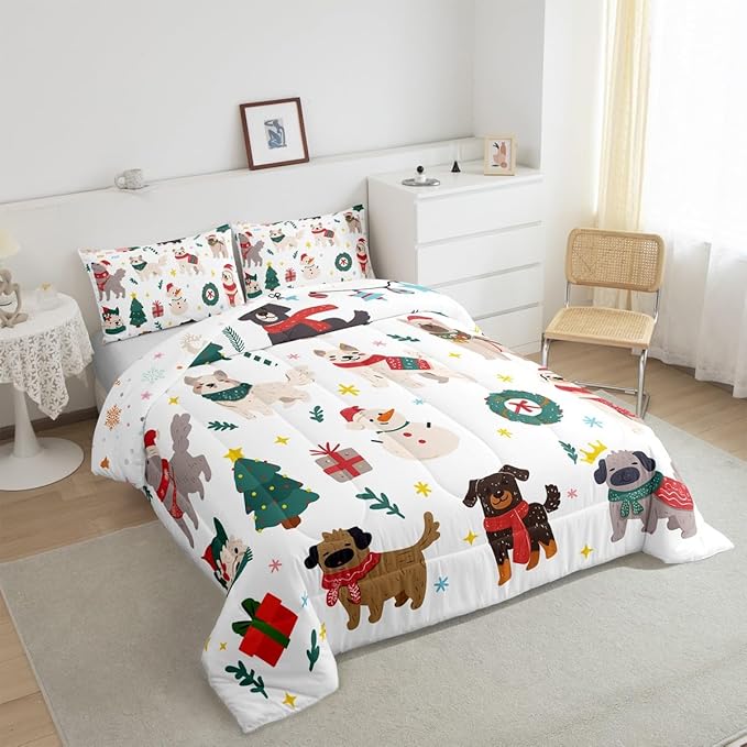 Erosebridal Merry Christmas Quilt Queen Size Cartoon Dog Comforter Set for Teens Kids Boys Xmas Tree Snowman Bedding Set Cute Pug Puppy Animal Duvet Insert with 2 Pillow Cases