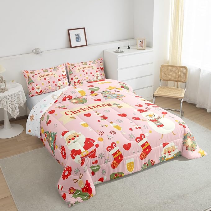 Feelyou Christmas Bedding Set for Kids Boys Girls Queen Size Cute Santa Claus Comforter Set Ultra Soft Comforter Xmas Tree Duvet Quilt Bedroom Decor Christmas Decor Quilt
