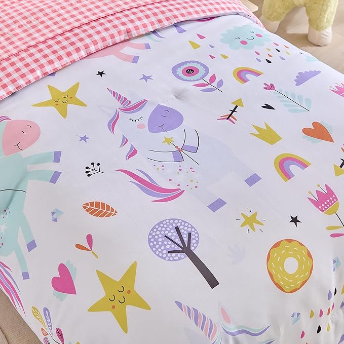 Joyreap 4 Piece Toddler Bedding Set for Girls- Pink Blue Colorful Unicorns Design, Microfiber Toddler Bedding Comforter Set for All Seasons