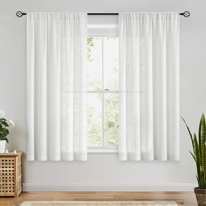 FMFUNCTEX Linen Semi Sheer Curtains 45 Inch Length for Bedroom Living Room, White Curtain Panels Sheer Linen Textured Window Drapes Farmhouse Light Filtering 2 Panels Rod Pocket