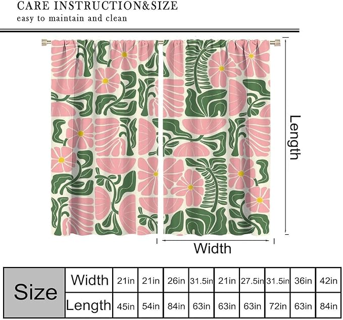 70s Flowers Curtains,Retro Geometric Boho Vintage Botanical Green Pink Flower Curtain for Bedroom Living Room Bathroom Window Curtains,70s Mid Century Flowers Window Treatments 63" W X 72" L