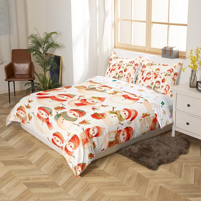 Manfei Cute Snowman Duvet Cover Set King Size, Christmas Theme Bedding Set for Kids Kids Girls Room Decor, Western New Year Comforter Cover, Lightweight Bedspread Cover, 2 Pillowcases, No Comforter
