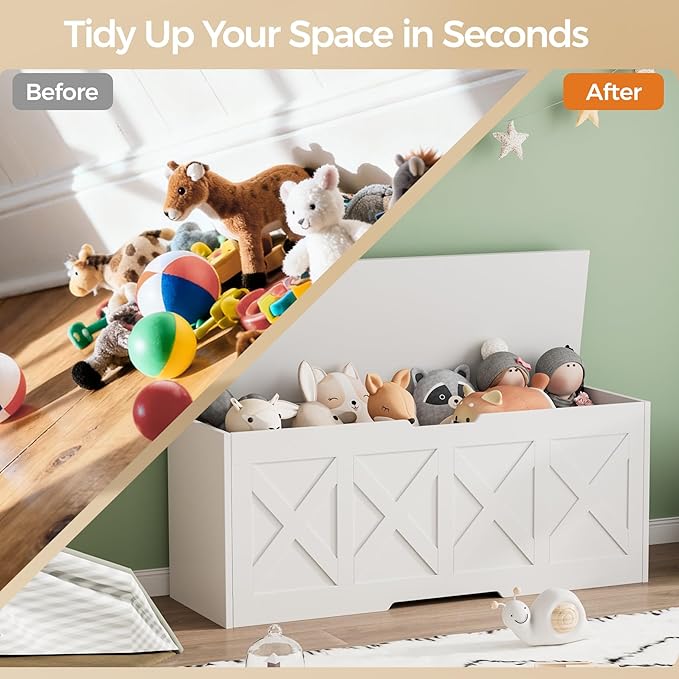 47.2" Extra-Large Wooden Storage Chest – Farmhouse Toy Box, Entryway Bench, Bedroom Storage, Safety Hinge, Easy Assembly, White