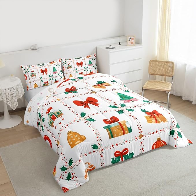Feelyou Christmas Decor Kids Comforter Set Toddler Size Red Bowknot Bedding Set New Year Gift Duvet Quilt for Kids Boys Girls Bedroom Happy New Year Decor Microfiber Ultra Soft Breathable