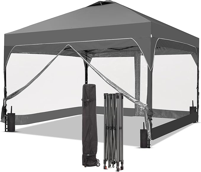 GDY 12x12FT Pop Up Canopy Tent with One Push Setup, Easy Setup Gazebo with 4 PVC Transparent Sidewalls for Events, Parties, Camping, Grey.