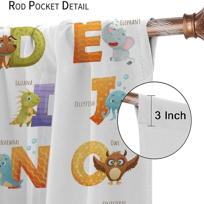 Kids Alphabet Curtains Educational Baby Cartoon Animals Colorful Cute Curtain with Rod Pocket for Nursery Living Room Home Decor Drapes Window Treatments 2 Panels Set 52x84in