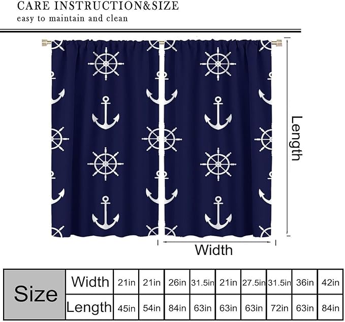 Nautical Rudder Curtains,MarineThemed Oceanic Anchor Pattern Blackout Print Home Bedroom Living Room Window Treatments 2 Panel Set 52x84 Inch