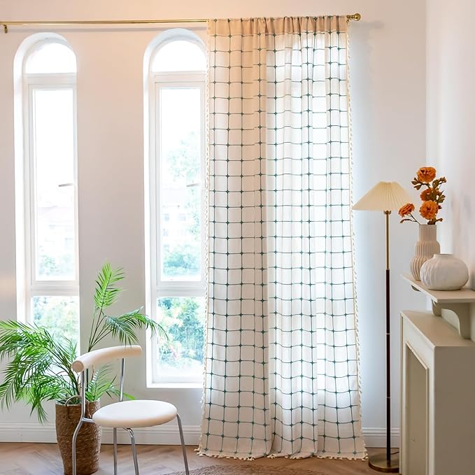 Deeprove Boho Curtains 72 Inches Long for Laundry Room Classroom, Linen Plaids Turquoise Embroidery Semi Blackout Bohemian Farmhouse Window Treatment Grids Drape Tassels, 1 Panel W52 x L72 Beige