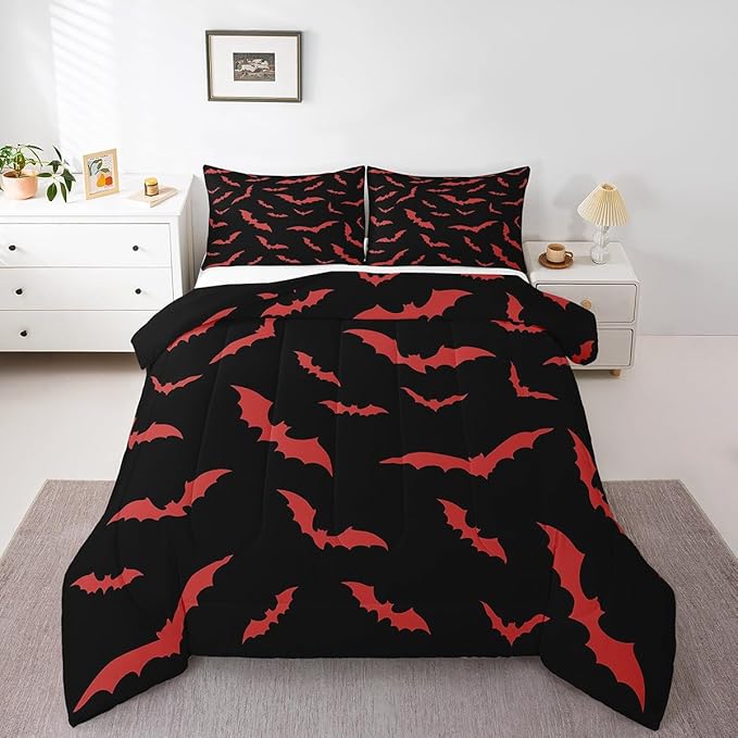 Erosebridal Bat Bedding Set Halloween Comforter Set with 2 Pillow Cases Red Bats Animals Quilt Full Size for Kids Boys Bedroom Holiday Gothic Spooky Style Quilt