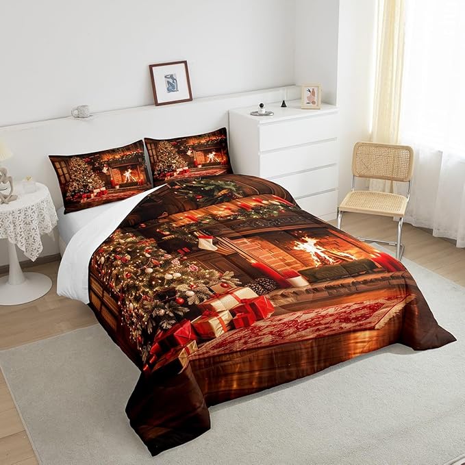 Xmas Theme Comforter Set Queen Size, Vintage Christmas Fireplace Tree Bedding Set for Kids Boys Girls Room Decor, Merry Christmas Duvet Insert 3Pcs, Pine Tree Luxury Quilt Set, 2 Pillowcases