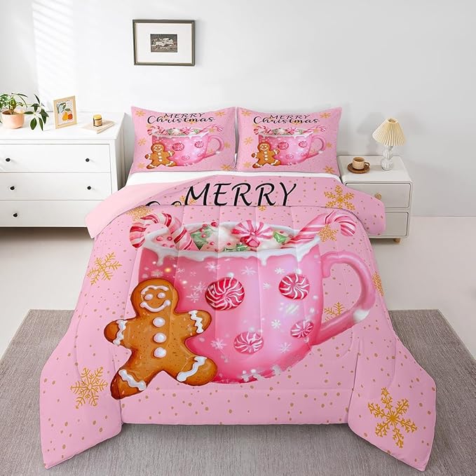 Erosebridal Merry Kids Full Comforter Sets Christmas Decor Bedding Sets Pink Xmas Snowflake Down Comforter Dessert Gingerbread Man Bed Set for Boys Girls Teens