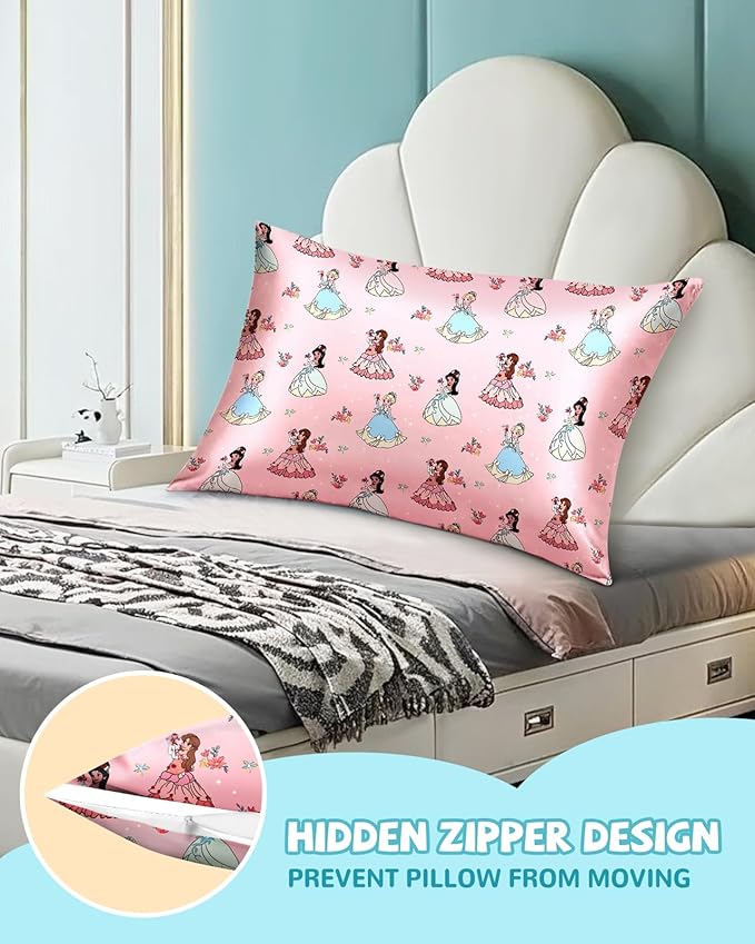 Silk Pillowcase for Kids - 30 x 20 Inches Queen Size Mulberry Silk Pillow Case with Zipper Cute Cartoon Kawaii Teens Girls Boys Pillowcase for Hair and Skin, Floral Girl