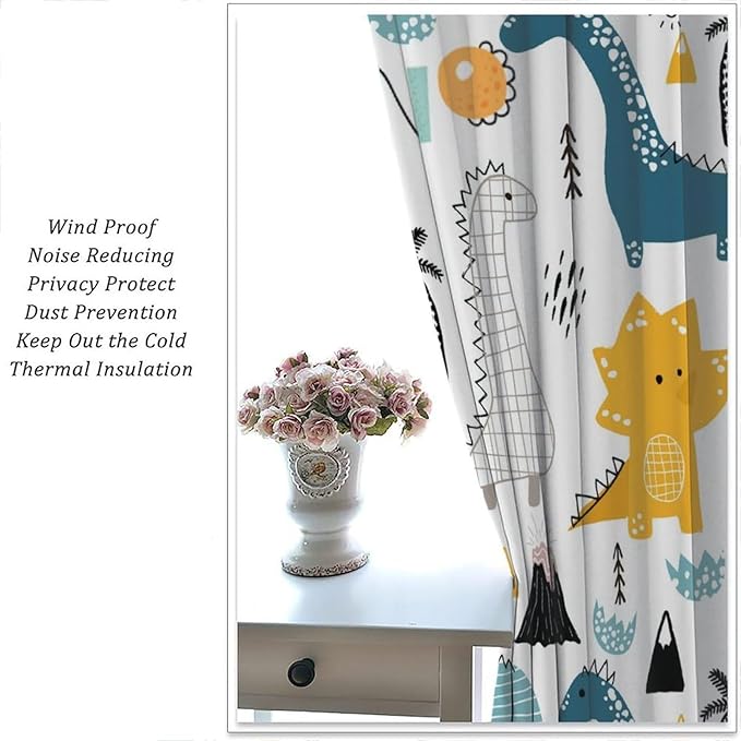 Dinosaur Curtains, Cartoon Dino Cute Safari Animal Print Pattern Blackout Window Treatments, Rod Pocket Thermal Insulated Drapes 2 Panel Sets for Kids Boys Bedroom Nursery Classroom, 55" W X 63" L
