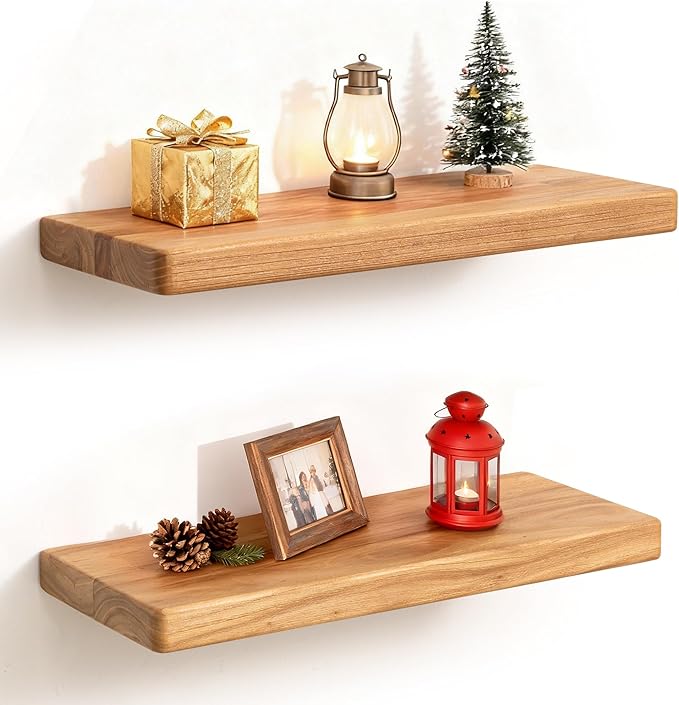 Fun Memories Floating Shelves for Wall, Rustic Wood Floating Shelf for Home Decor, Solid Elm Wood Wall Shelf Heavy-Duty Bracket, Wooden Bathroom Shelves 16 Inches Long Set of 2