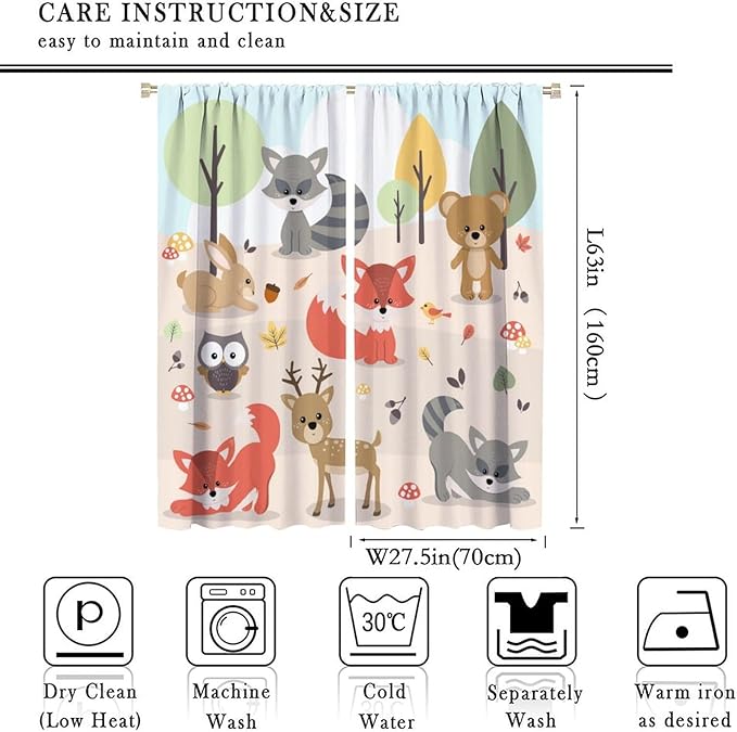 Kids Cartoon Forest Animal Curtains, Cute Woodland Animal Window Treatments for Bedroom Wildlife Fox Bear Deer Bunny Bird Blackout Window Drapes for Girls Boys Nursery Toddler Playroom 55x63in