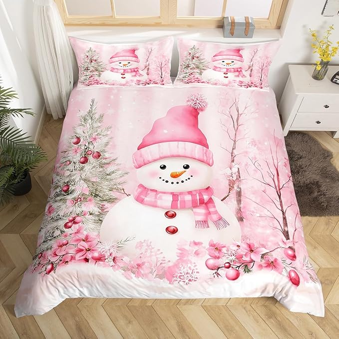Manfei Christmas Kids Duvet Cover Set Twin Size, Cute Snowman Pink Flower Bedding Set for Boy Girl Room Decor, New Year Xmas Comforter Cover, Lightweight Bedspread Cover, 1 Pillowcase, No Comforter