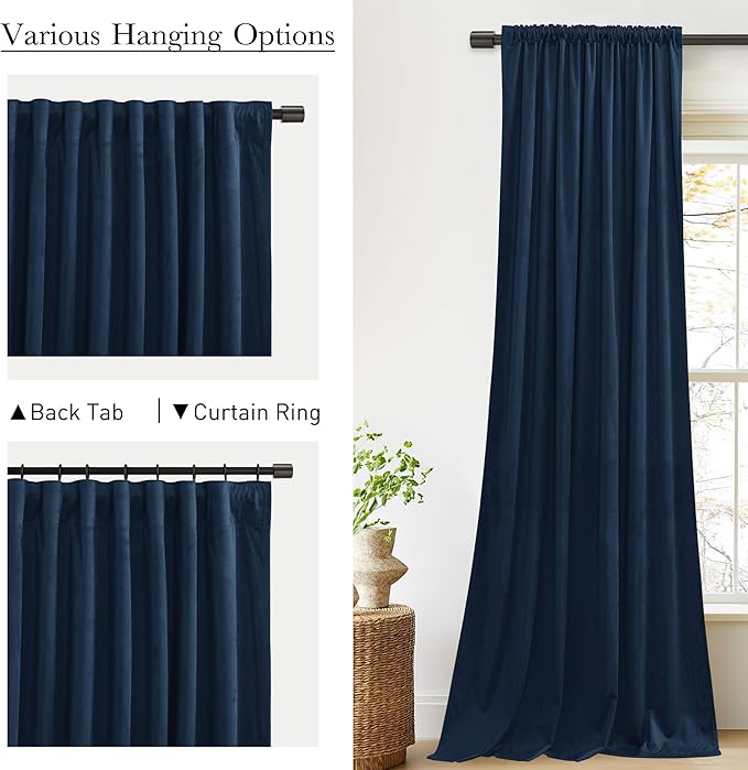 StangH Back Tab Navy Blue Curtains for Wide Sliding Door, Luxury Velvet Light Blocking Noise Reducing Drapes for Room Dividers/Boys Bedroom/Office, W62 x L96, 2 Panels