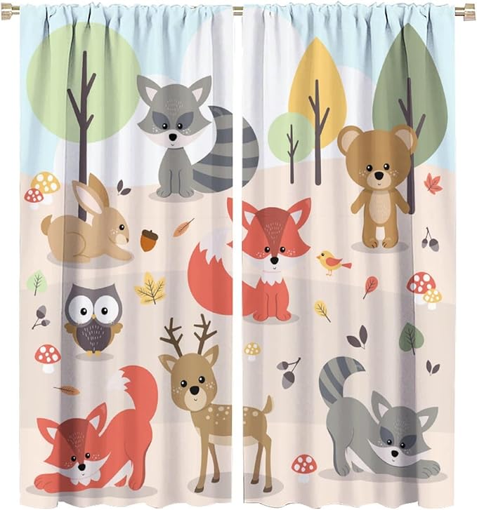 Kids Cartoon Forest Animal Curtains, Cute Woodland Animal Window Treatments for Bedroom Wildlife Fox Bear Deer Bunny Bird Blackout Window Drapes for Girls Boys Nursery Toddler Playroom 63x63in