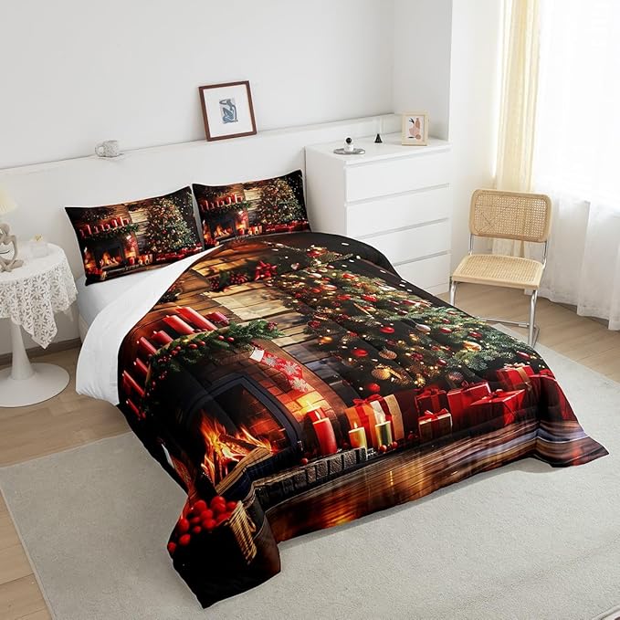 Merry Christmas Comforter Set Queen Size, 3D Fireplace Tree Bedding Set for Kids Boys Girls Room Decor, Xmas Theme Duvet Insert 3Pcs, Retro Wooden Stripes Quilt Set, 2 Pillowcases