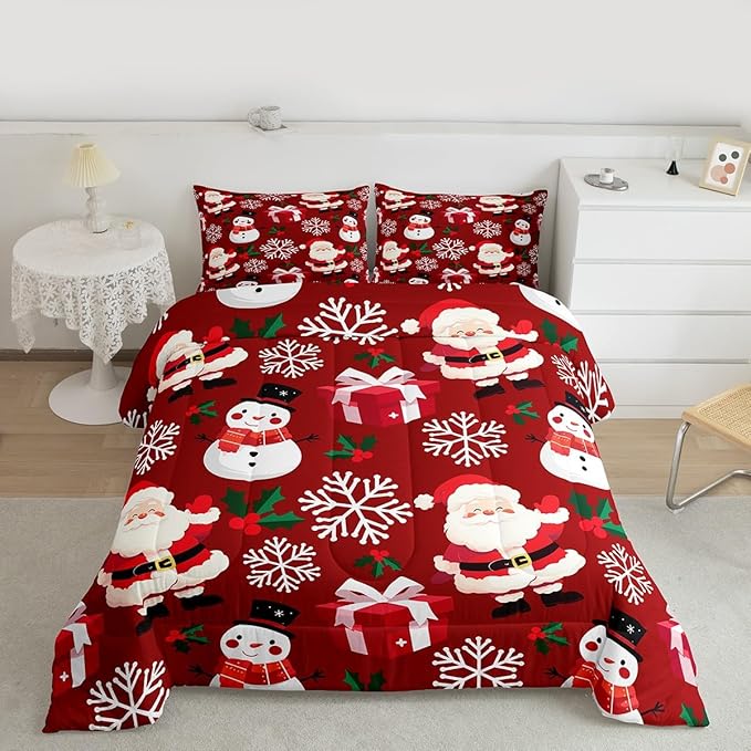 jejeloiu Merry Christmas Comforter Set Toddler Size Xmas Santa Claus Bedding Set for Kids Boys Girls Cute Snowman Duvet Quilt Red Bedroom Decor