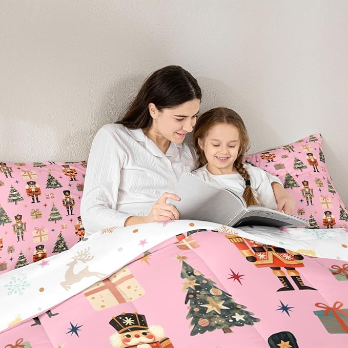 jejeloiu Xmas Nutcracker Comforter Set King Size Christmas Pink Bedding Set for Kids Boys Girls Cute Snowflakes Duvet Quilt Bedroom Decor