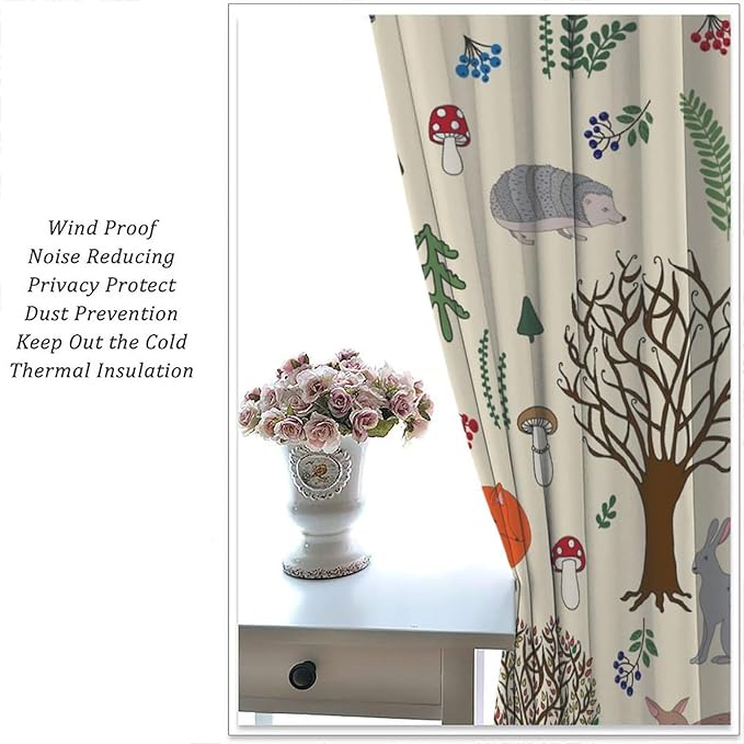 Kids Forest Animal Curtains, Rustic Cute Wild Animal Fox Deer Hedgehog Window Treatments Farmhouse Woodland Window Drapes for Girls Boys Nursery Toddler Bedroom 72x63in