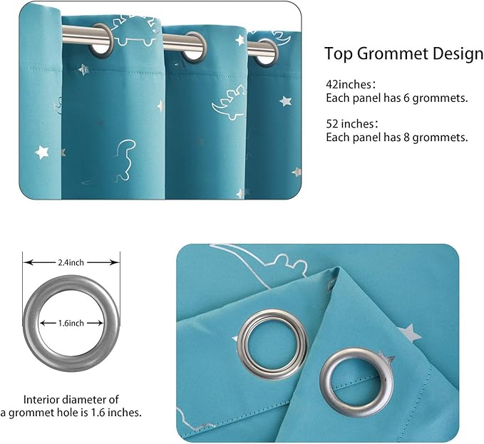 LORDTEX Dinosaur and Star Foil Print Blackout Curtains for Kids Room - Thermal Insulated Curtains Noise Reducing Window Drapes for Boys and Girls Bedroom, 52 x 84 Inch, Teal, Set of 2 Panels