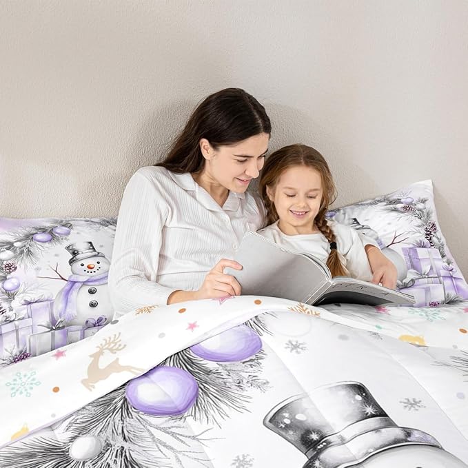 Feelyou Merry Christmas Bedding Set Soft for Boys Girls, Cute Snowman Comforter Set Twin Size Duvet Quilt Microfiber Snowflake Bedroom Decor 2 Pcs with 1 Pillow Cases