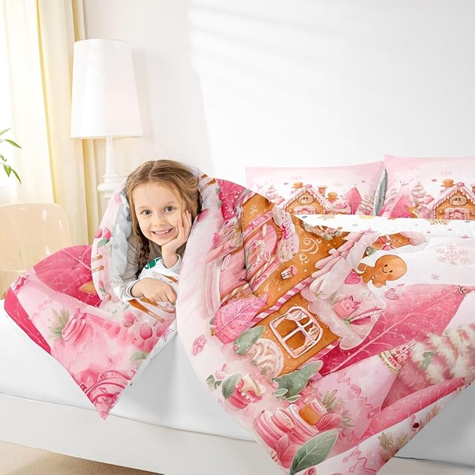 jejeloiu Kids Christmas Theme Comforter Set Twin Size Cute Deer Gingerbread Man Bedding Set for Boys Girls Teens Pink Xmas Tree Candy House Snowflake Winter Duvet Quilt Room Decor