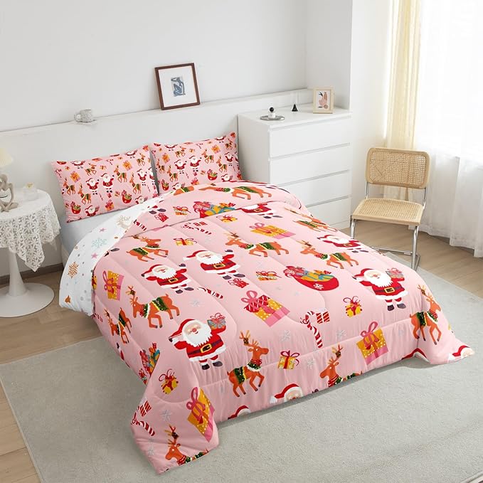 Feelyou Christmas Bedding Set for Kids Boys Girls Twin Size Santa Claus Comforter Set Ultra Soft Xmas Deer Elk Decor Comforter Duvet Quilt Bedroom Decor Christmas Decor Quilt