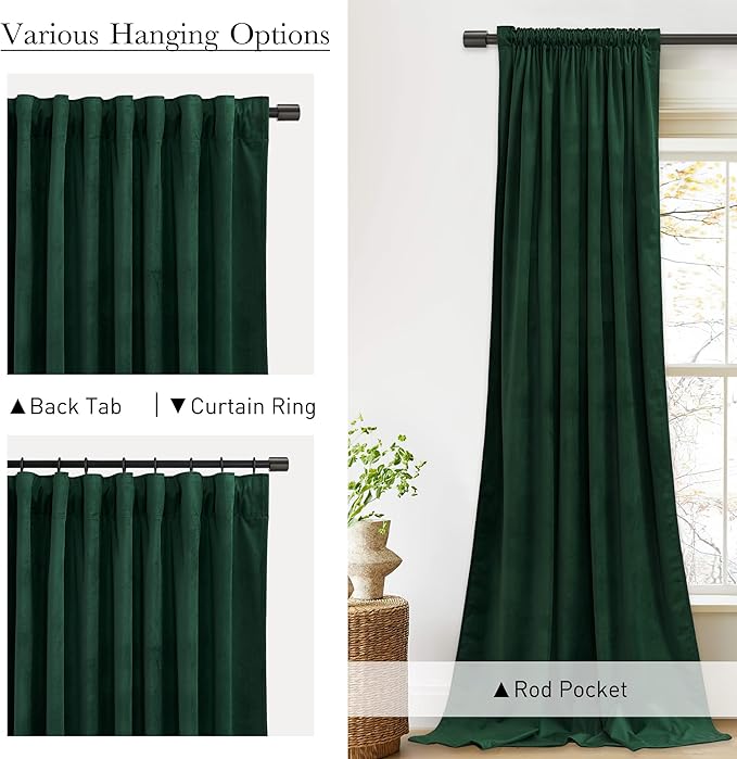 StangH Dark Green Velvet Curtains 2 Panels - 90 inches Skin Friendly Thermal Insulated Soft Velvet Fabric for Bedroom/Living Room/Dining Room/Rustic Decor, W52 x L90