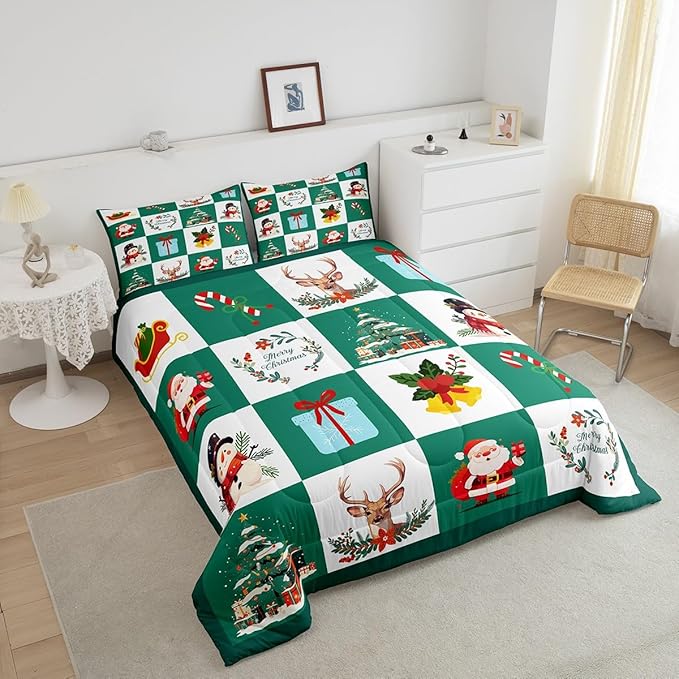 Erosebridal Merry Christmas Quilt Queen Size for Kids Teens Santa Claus Xmas Tree Bedding Set Cartoon Deer Snowman Comforter Set with 2 Pillow Cases