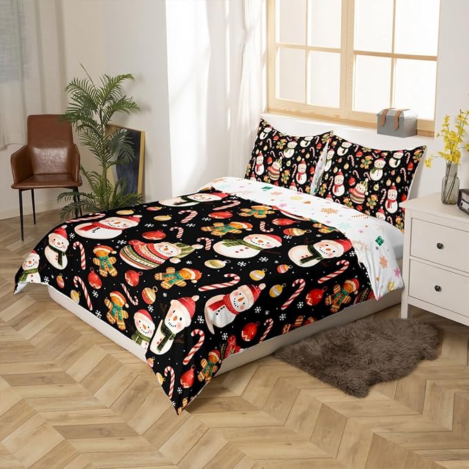 Feelyou Merry Christmas Duvet Cover King Size Gingerbread Man Snowman Comforter Cover for Boys Girls Candy Cane Bell Xmas Decor Bedding Set 3Pcs Reversible Xmas Decor Room Decor