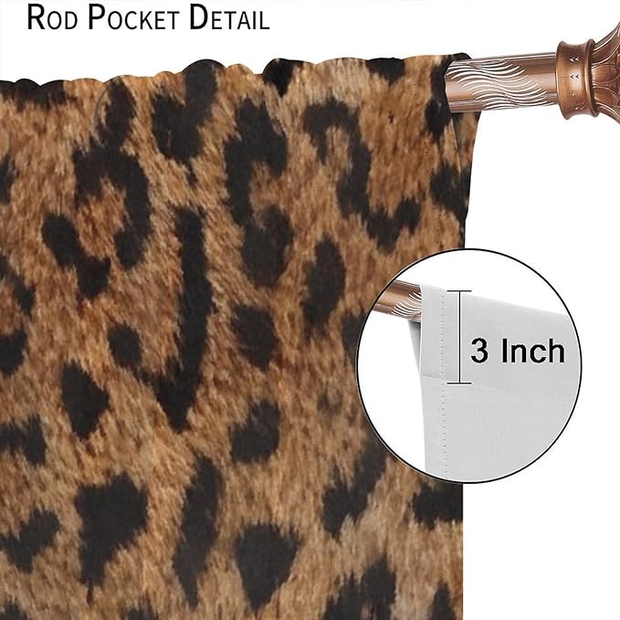 Leopard Print Window Curtains, Animal Fur Skin Brown Farmhouse Wild 3D Rustic Safari Theme Window Treatments for Kids Bedroom Living Room 72" W X 63" L