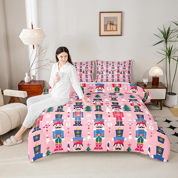 Feelyou Cute Nutcracker Kids Comforter Set Twin Christmas Tree Bedding Set Xmas Snowflake Duvet Quilt for Kids Boys Girls Bedroom Colorful Soldier Decor Candy-Cane Designs Microfiber Soft Breathable