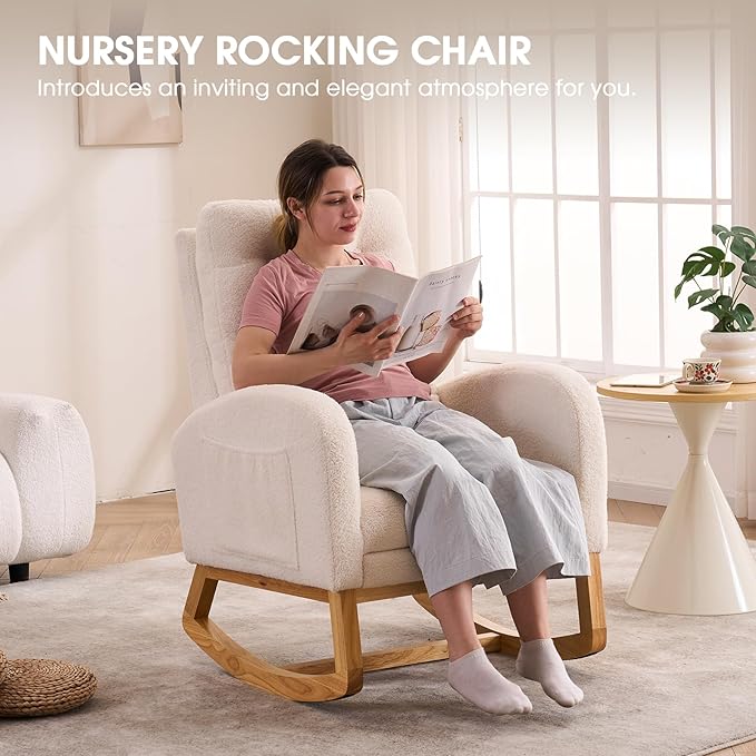 NIOIIKIT Nursery Rocking Chair, Linen Upholstered Glider Chair with Footrest, Tufted Rocker Recliner with Side Pocket, Comfy Recliner Glider, Accent Chair for Living Room (Beige Teddy)