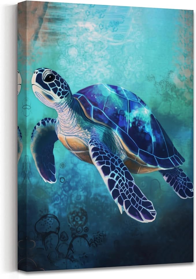 AWPANERAR Sea Turtle Wall Art Bathroom Pictures Watercolor Sea Life Canvas Prints Ocean Animal Poster Nautical Theme Artwork for Kids Room Nursery Decor Framed (Blue, (42L x 28W))