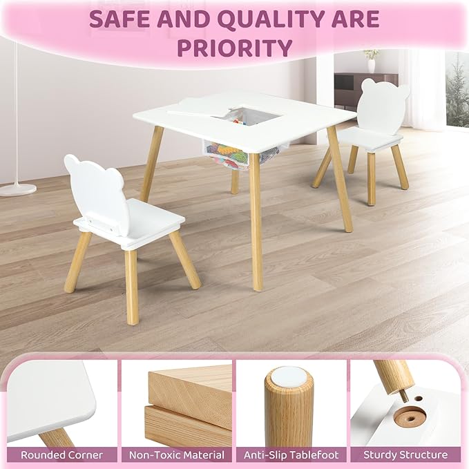 JOYMOR Kids Table and 2 Chairs Set with Storage & Removable Tabletop, Panda Ear Chairs, 3-in-1 Kids ActivityTable for Craft, Playroom Toddler Table and Chair Set for Kids 2-5