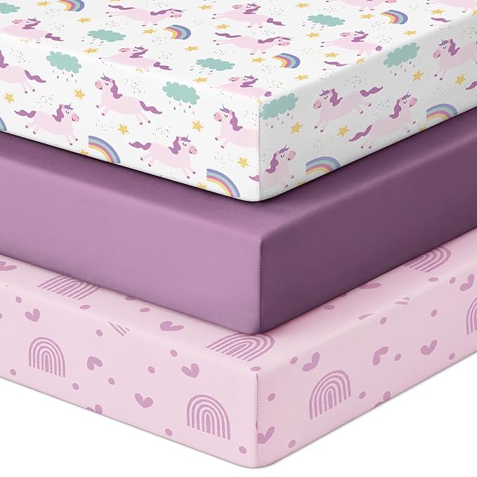 Looxii Baby Crib Sheets for Girls, 3 Pack Fitted Crib Sheet for Standard Crib and Toddler Mattress, Ultra Soft Breathable Microfiber Baby Sheet 52x28x8in