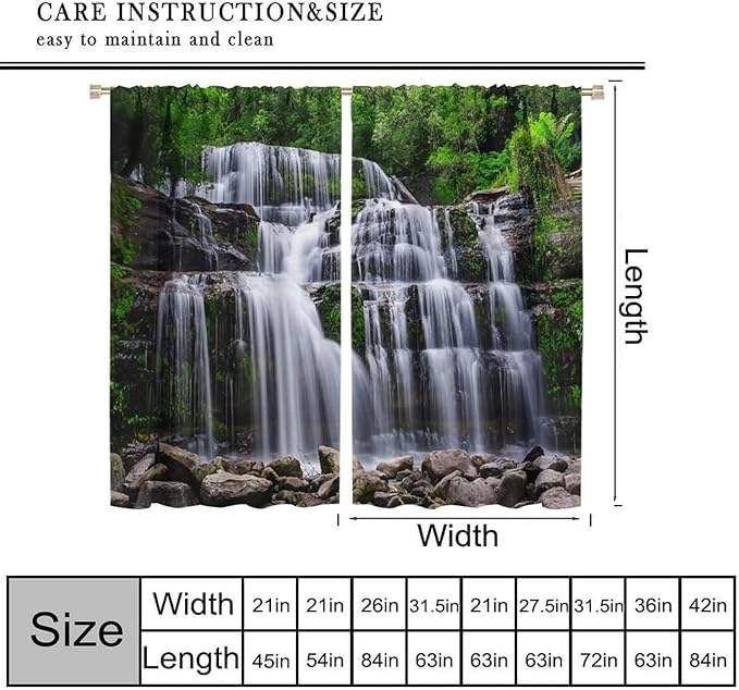 Natural Scenery Blackout Curtains, Spring Rustic Forest Waterfall River Landscape Window Drapes, for Bedroom Living Room 63" W X 63" L