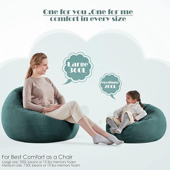 Nobildonna 3 ft Bean Bag Chair Cover (No Filler) 35"×43" Large Stuffed Animal Storage Bean Bag Washable Big Beanbag Chair Cover Premium Corduroy Bean Bag Cover for Adults,Kids,Hunter Green 300L