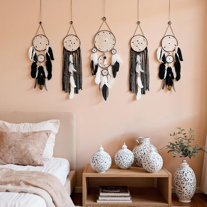 Dream Catcher Wall Decor,Large Boho Dream Catcher with Luxurious Feathers & Beads, Handmade Wall Hanging for Bedroom, Nursery, Living Room, Gift Ready for Girls & Adults (Black)