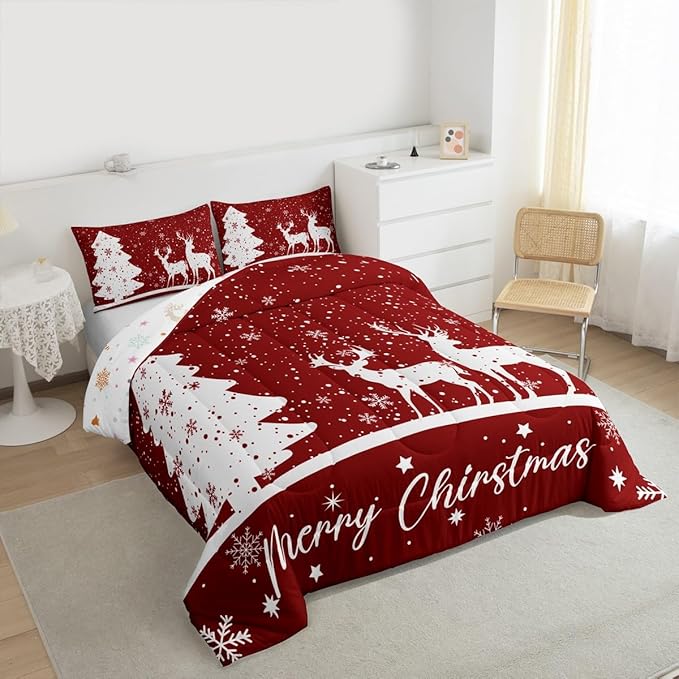 Merry Christmas Kids Comforter Set Queen Size,Deer Elk Pine Trees Bedding,Girls Boys Adults Bedroom/Xmas Cabin Decor,Snowflake Romantic Down Comforter,Rustic New Year Red Duvet Insert,2 Pillowcases